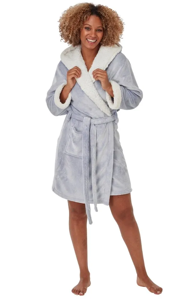 Sherpa Fleece Hooded Wrap Dressing Gown - Rose or Denim