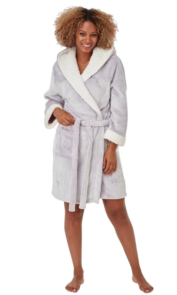 Sherpa Fleece Hooded Wrap Dressing Gown - Rose or Denim