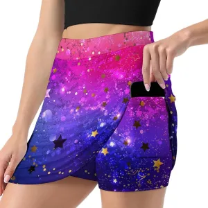 Shiny Blue and Pink Star Women's Mini Tennis Skirt with Shorts Underneath Athletic Workout Cute Skorts