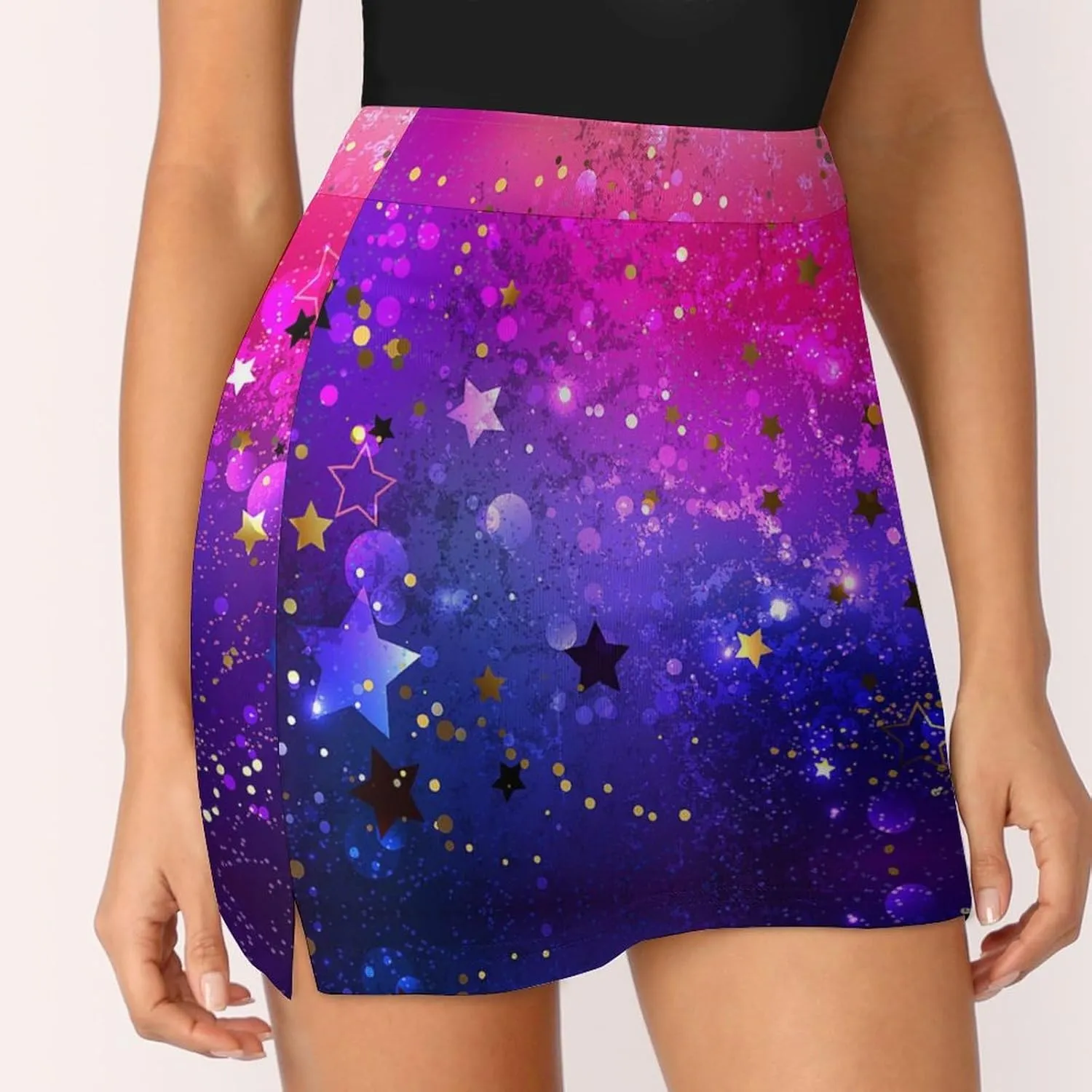 Shiny Blue and Pink Star Women's Mini Tennis Skirt with Shorts Underneath Athletic Workout Cute Skorts