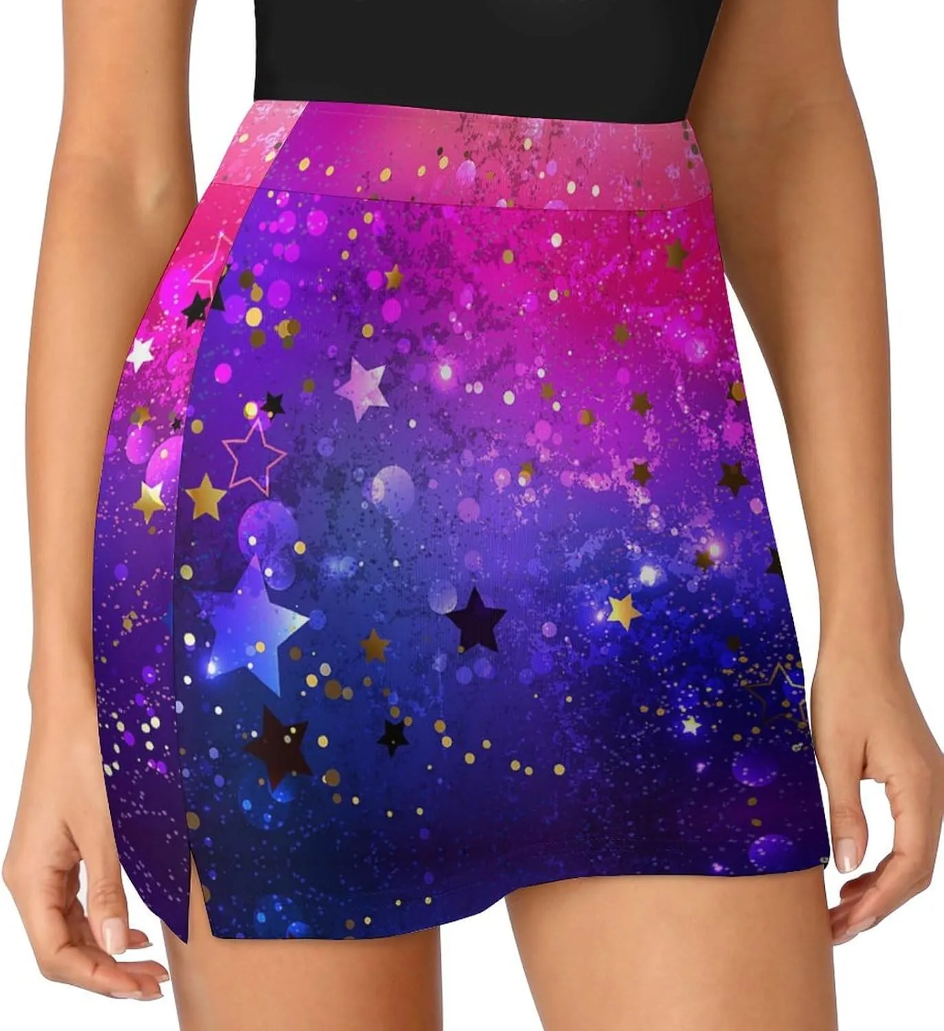 Shiny Blue and Pink Star Women's Mini Tennis Skirt with Shorts Underneath Athletic Workout Cute Skorts