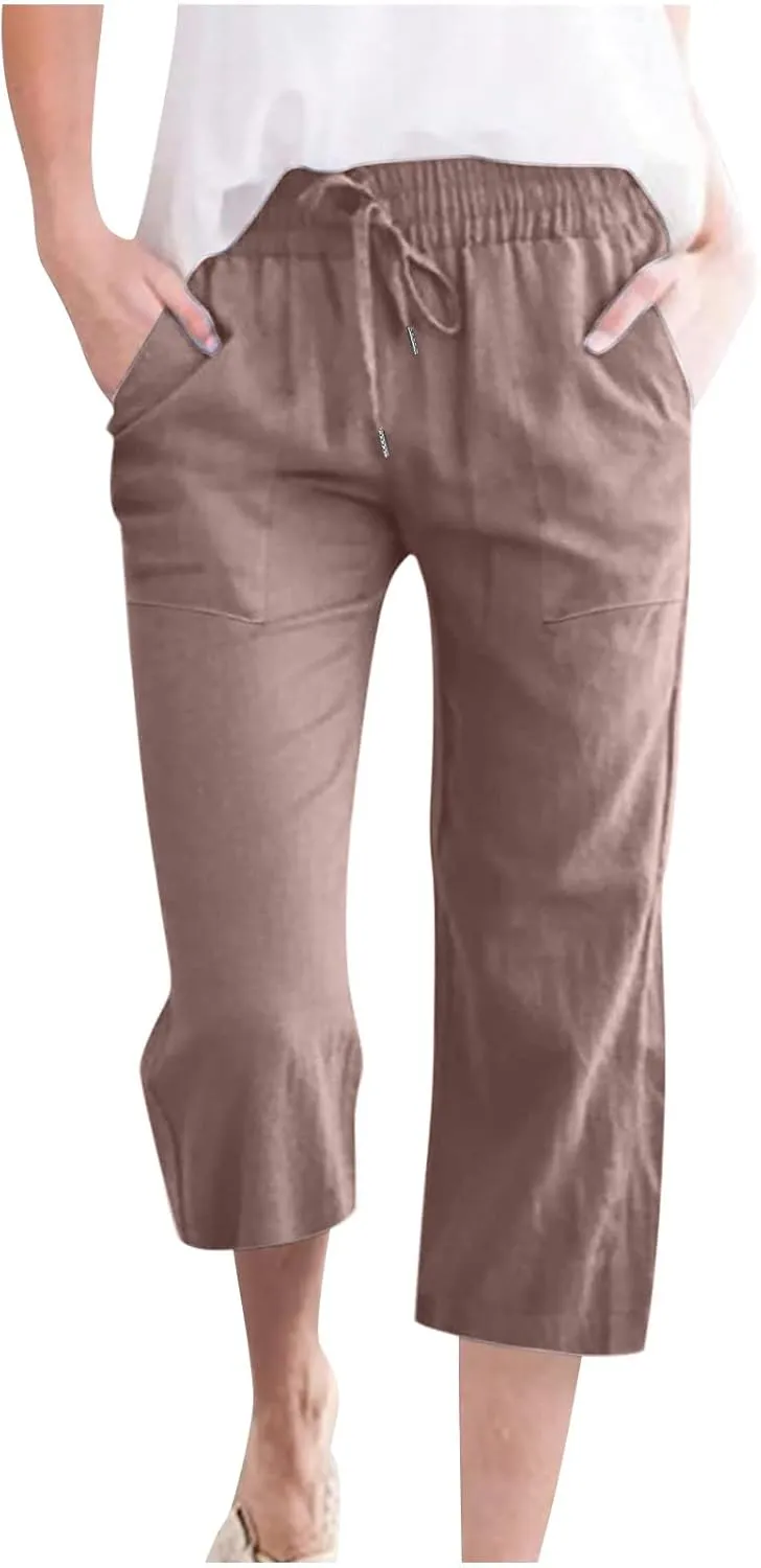 SMIDOW Women's Cotton Linen Capris Cropped Casual Pants Straight Leg Drawstring Elastic High Waist Loose Trousers with Pocket