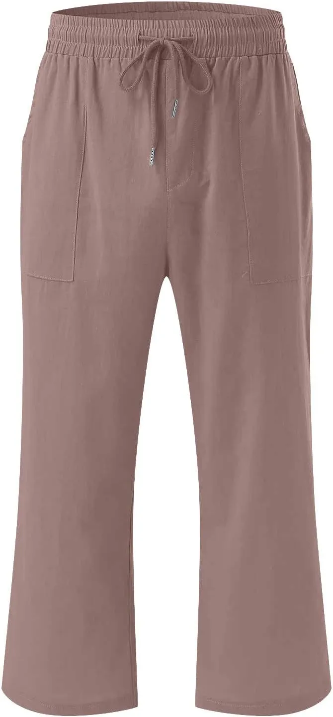 SMIDOW Women's Cotton Linen Capris Cropped Casual Pants Straight Leg Drawstring Elastic High Waist Loose Trousers with Pocket