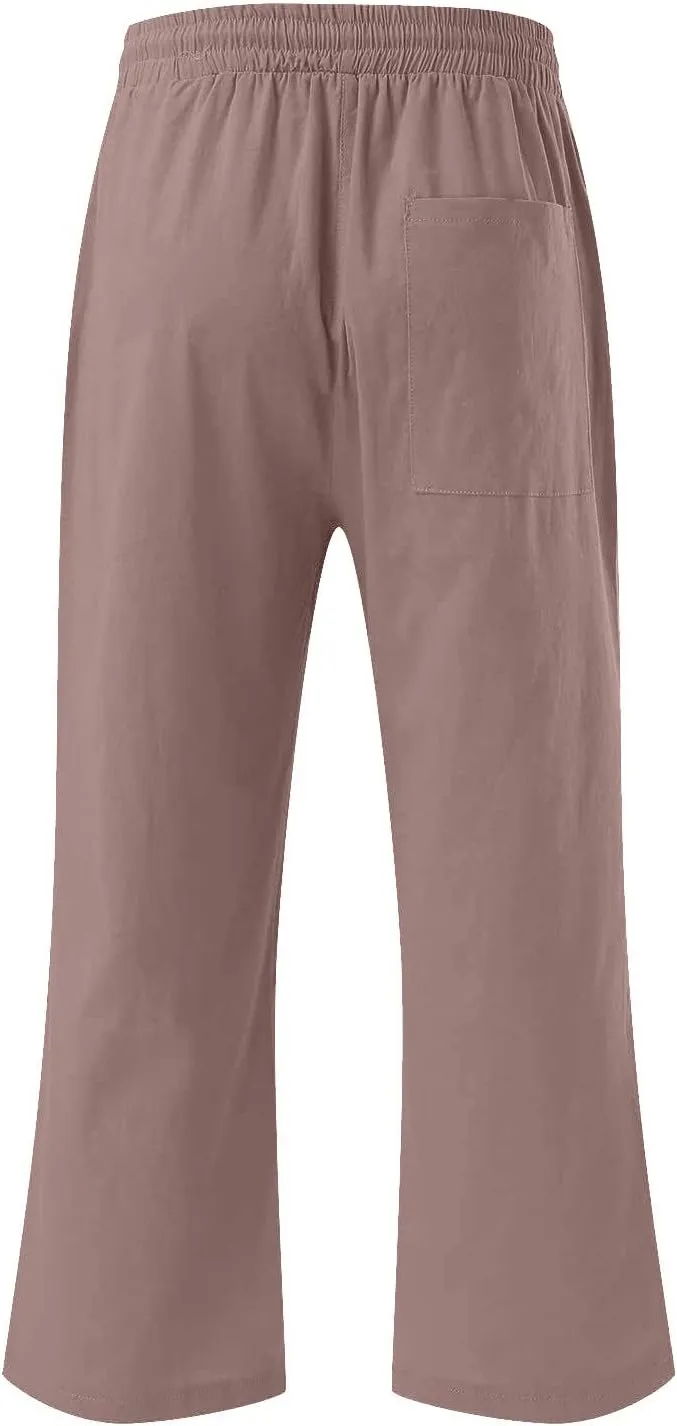 SMIDOW Women's Cotton Linen Capris Cropped Casual Pants Straight Leg Drawstring Elastic High Waist Loose Trousers with Pocket