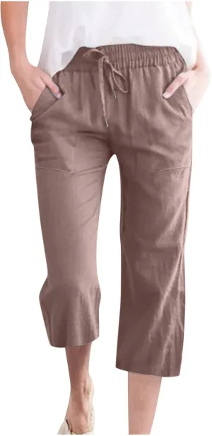 SMIDOW Women's Cotton Linen Capris Cropped Casual Pants Straight Leg Drawstring Elastic High Waist Loose Trousers with Pocket