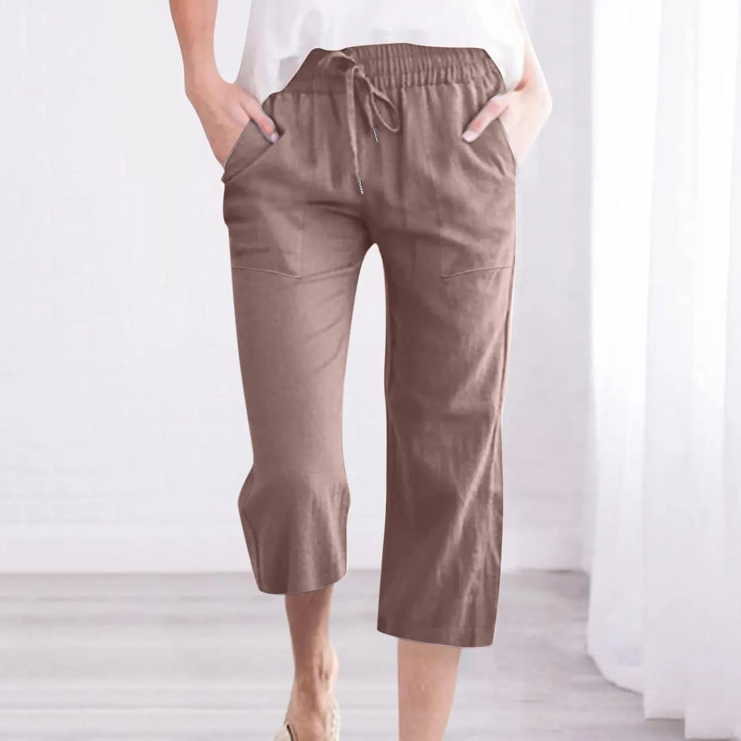 SMIDOW Women's Cotton Linen Capris Cropped Casual Pants Straight Leg Drawstring Elastic High Waist Loose Trousers with Pocket