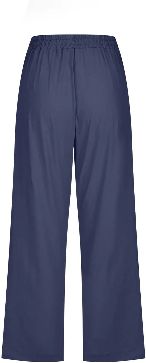 SMIDOW Womens Cotton Linen Capris Pants Drawstring High Waist Pants Wide Leg Cropped Pants Loose Comfy Trousers with Pockets