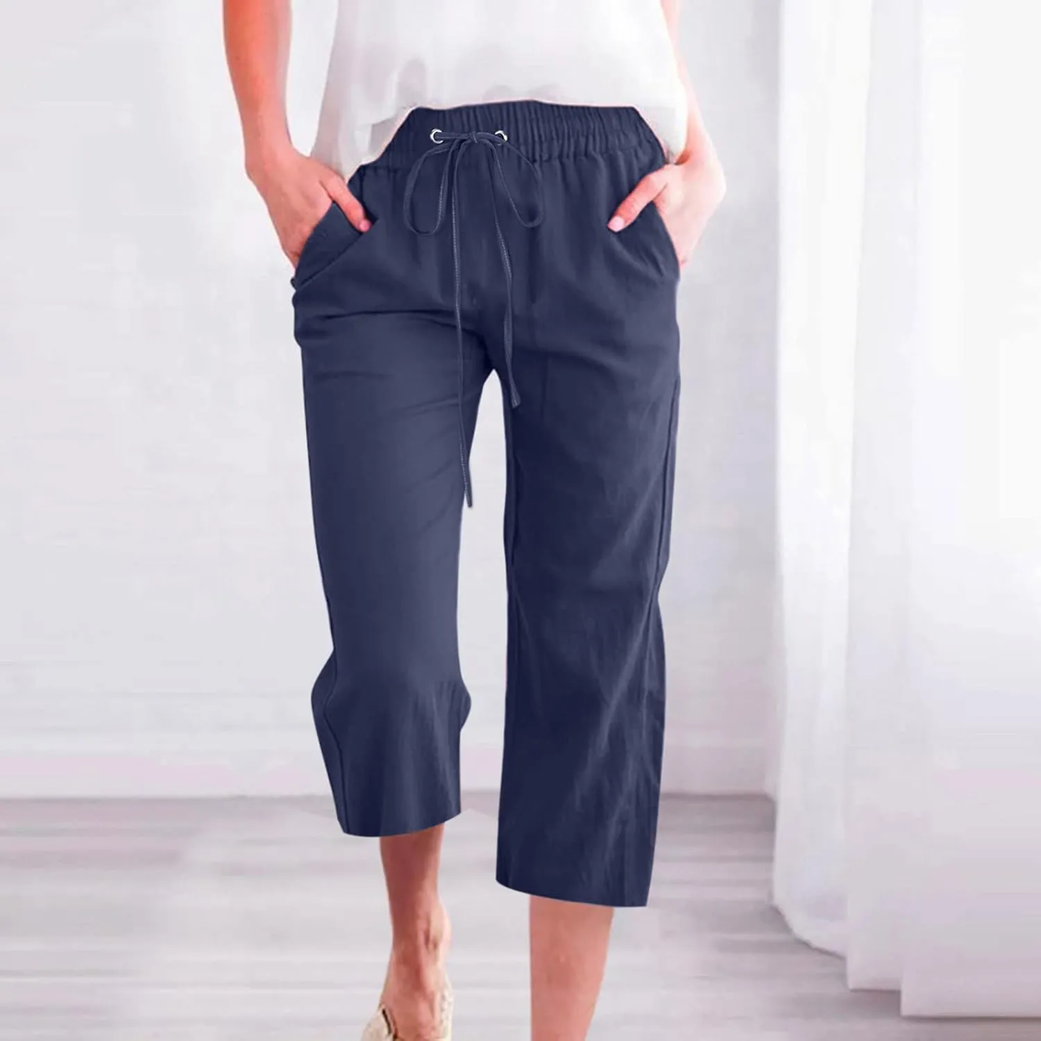 SMIDOW Womens Cotton Linen Capris Pants Drawstring High Waist Pants Wide Leg Cropped Pants Loose Comfy Trousers with Pockets