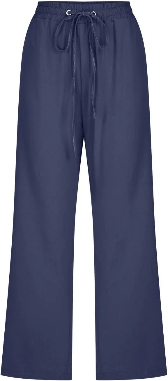 SMIDOW Womens Cotton Linen Capris Pants Drawstring High Waist Pants Wide Leg Cropped Pants Loose Comfy Trousers with Pockets