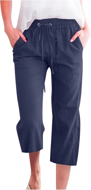 SMIDOW Womens Cotton Linen Capris Pants Drawstring High Waist Pants Wide Leg Cropped Pants Loose Comfy Trousers with Pockets