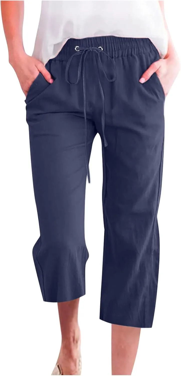 SMIDOW Womens Cotton Linen Capris Pants Drawstring High Waist Pants Wide Leg Cropped Pants Loose Comfy Trousers with Pockets
