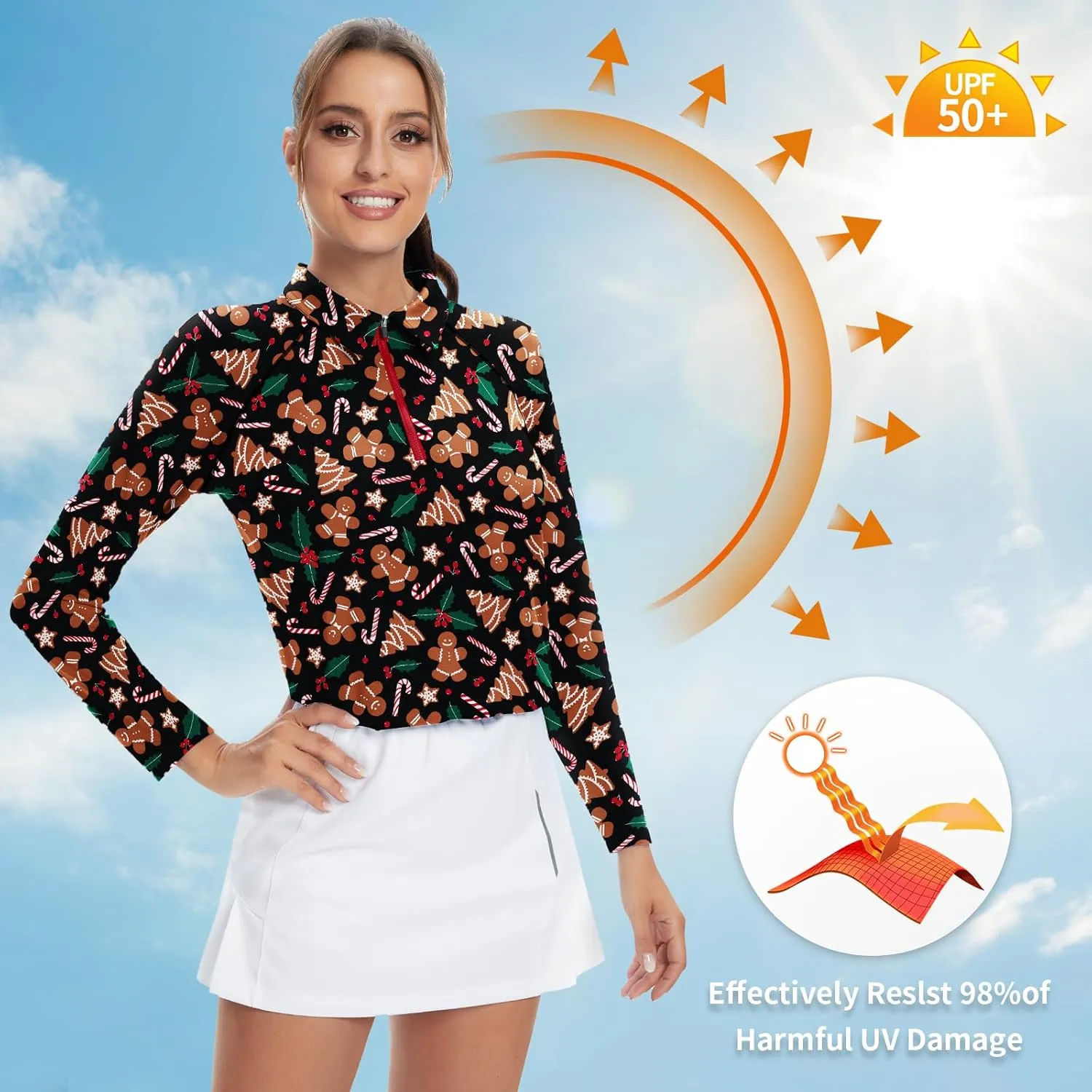 Soneven Womens Long Sleeve Golf Shirts Half Zip Moisture Wicking Print Golf Tops Tennis Shirts(XS-3XL)