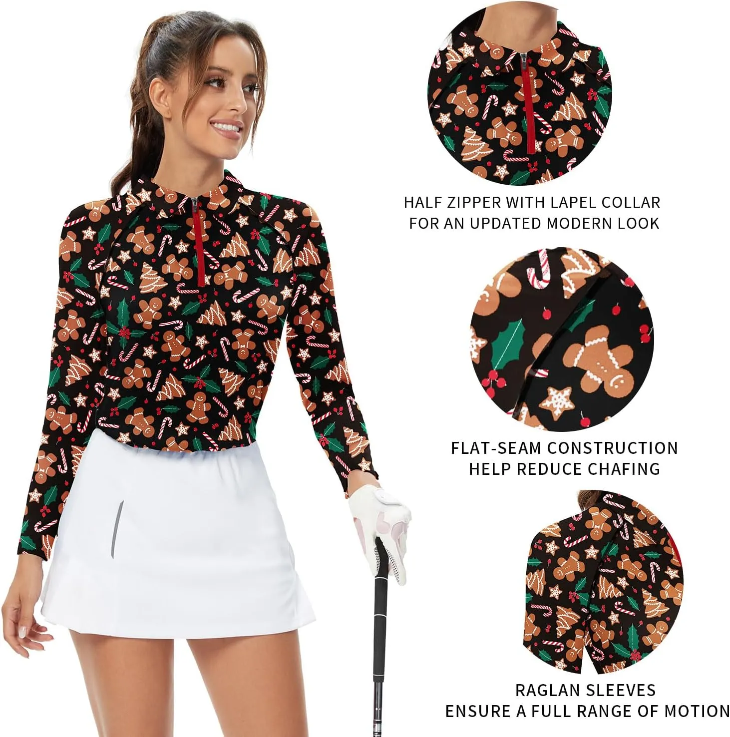 Soneven Womens Long Sleeve Golf Shirts Half Zip Moisture Wicking Print Golf Tops Tennis Shirts(XS-3XL)