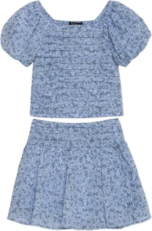 Speechless Girls' Puff Sleeve Pleated Top and Skater Mini Skirt Set