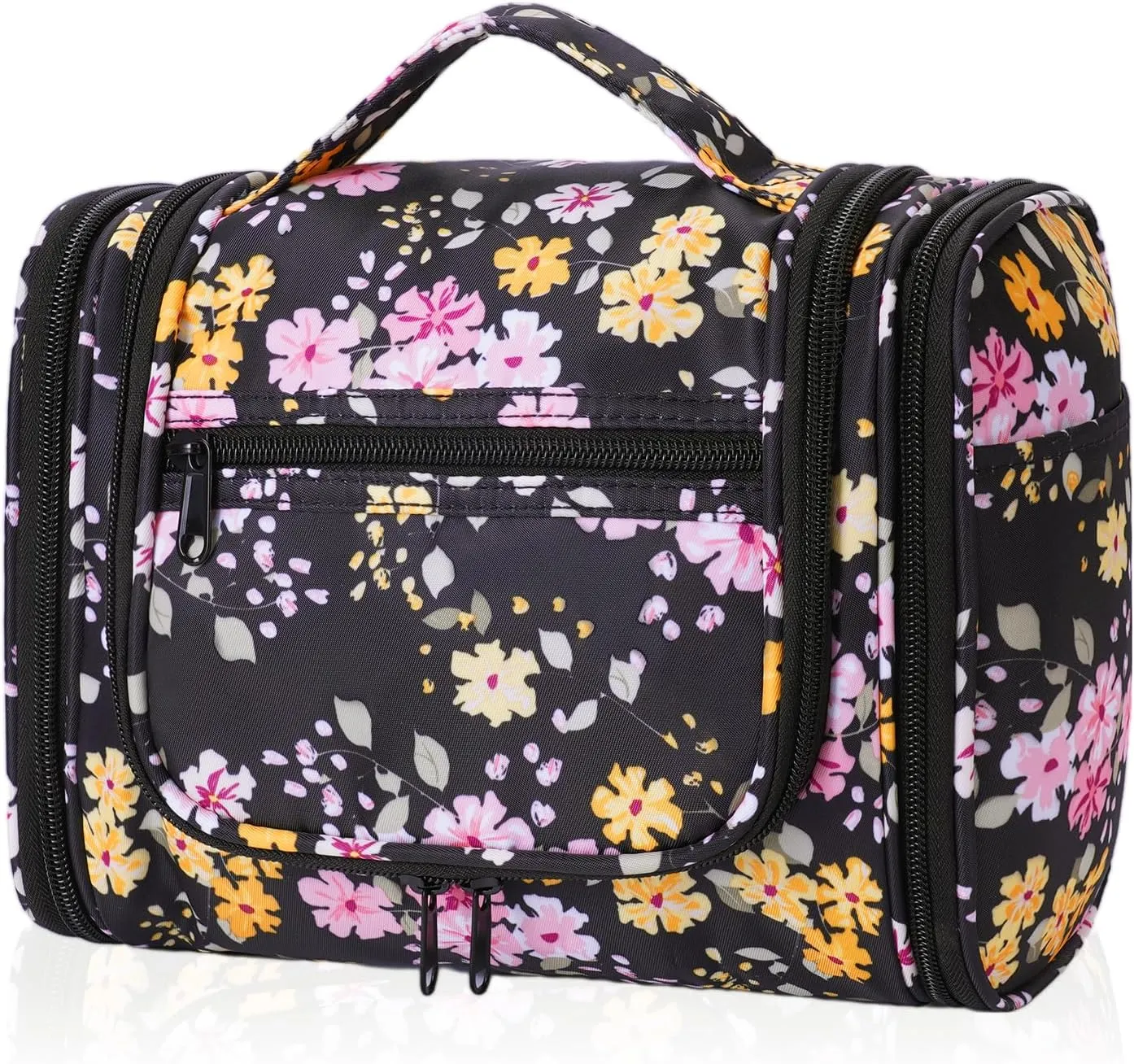 sportsnew Travel Hanging Toiletry Bag Large Cosmetic Makeup Organizer with Hooks and Multiple Pockets for Women and Men (Black Floral)