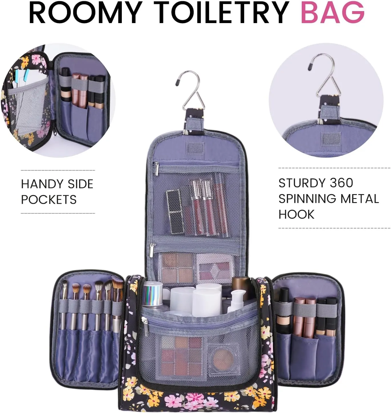 sportsnew Travel Hanging Toiletry Bag Large Cosmetic Makeup Organizer with Hooks and Multiple Pockets for Women and Men (Black Floral)