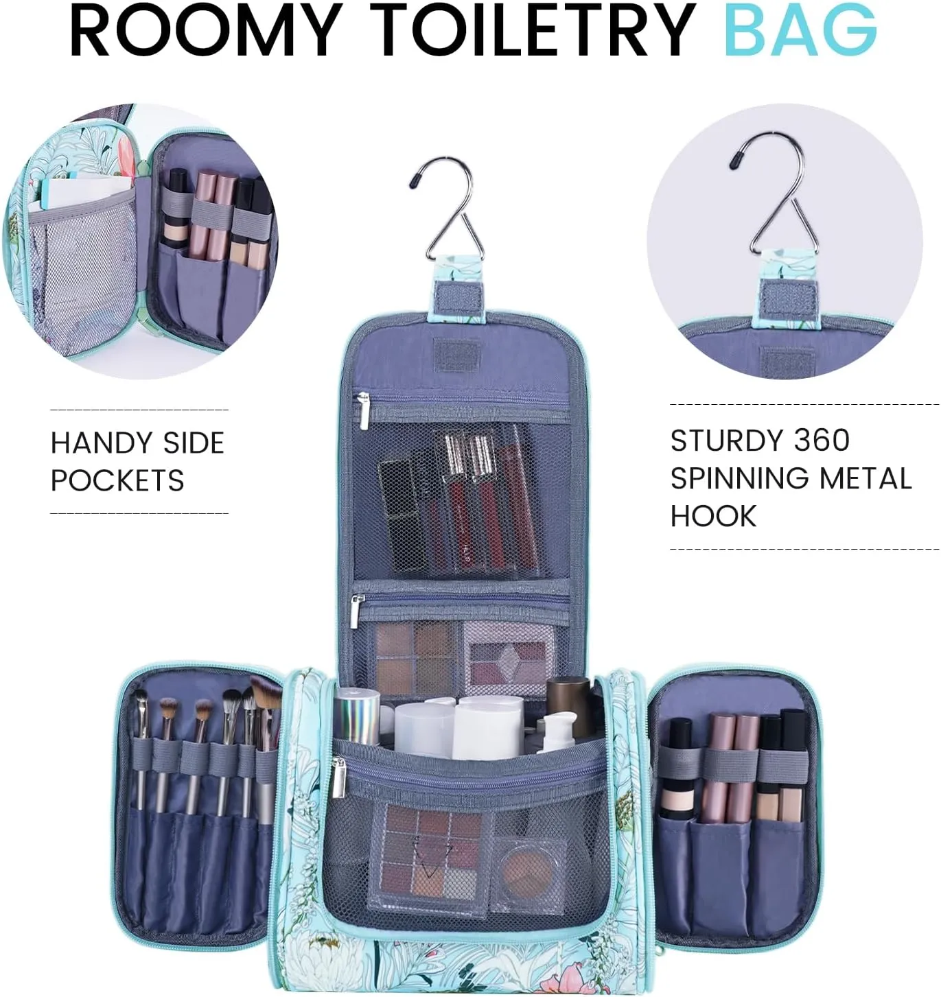 sportsnew Travel Hanging Toiletry Bag Large Cosmetic Makeup Organizer with Hooks and Multiple Pockets for Women and Men (Blue Floral)