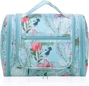 sportsnew Travel Hanging Toiletry Bag Large Cosmetic Makeup Organizer with Hooks and Multiple Pockets for Women and Men (Blue Floral)
