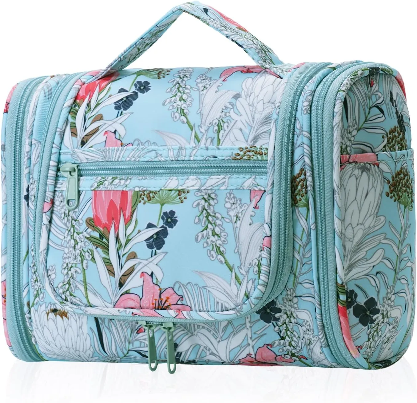 sportsnew Travel Hanging Toiletry Bag Large Cosmetic Makeup Organizer with Hooks and Multiple Pockets for Women and Men (Blue Floral)