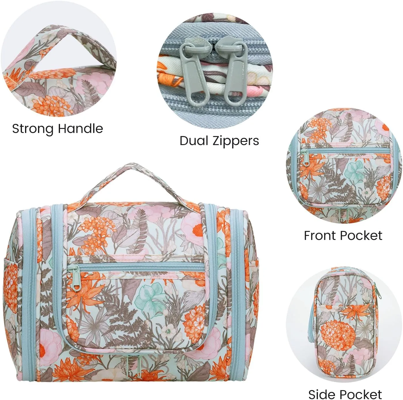 sportsnew Travel Hanging Toiletry Bag Large Cosmetic Makeup Organizer with Hooks and Multiple Pockets for Women and Men (Orange Floral)