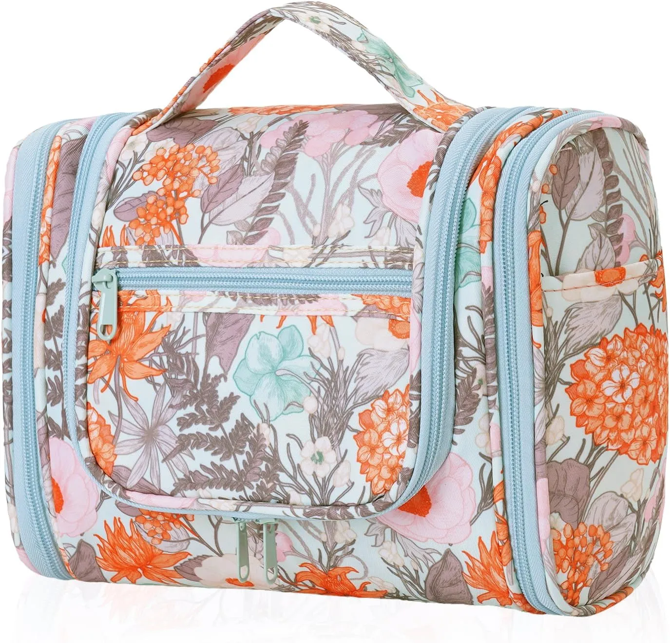 sportsnew Travel Hanging Toiletry Bag Large Cosmetic Makeup Organizer with Hooks and Multiple Pockets for Women and Men (Orange Floral)
