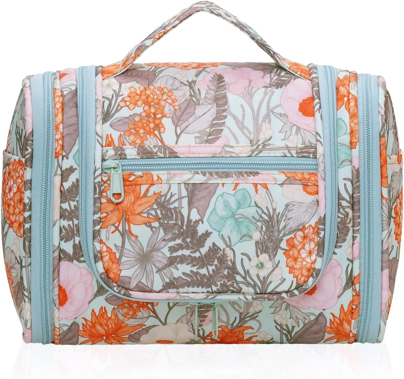 sportsnew Travel Hanging Toiletry Bag Large Cosmetic Makeup Organizer with Hooks and Multiple Pockets for Women and Men (Orange Floral)