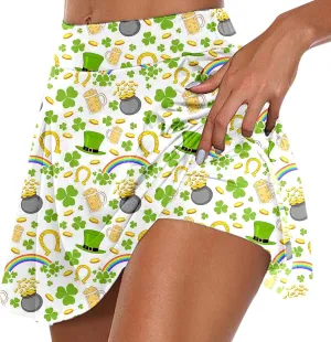 St Patricks Day Tennis Skirt for Women High Waisted Flowy Athletic Running Shorts Irish Shamrock Clover Yoga Skorts