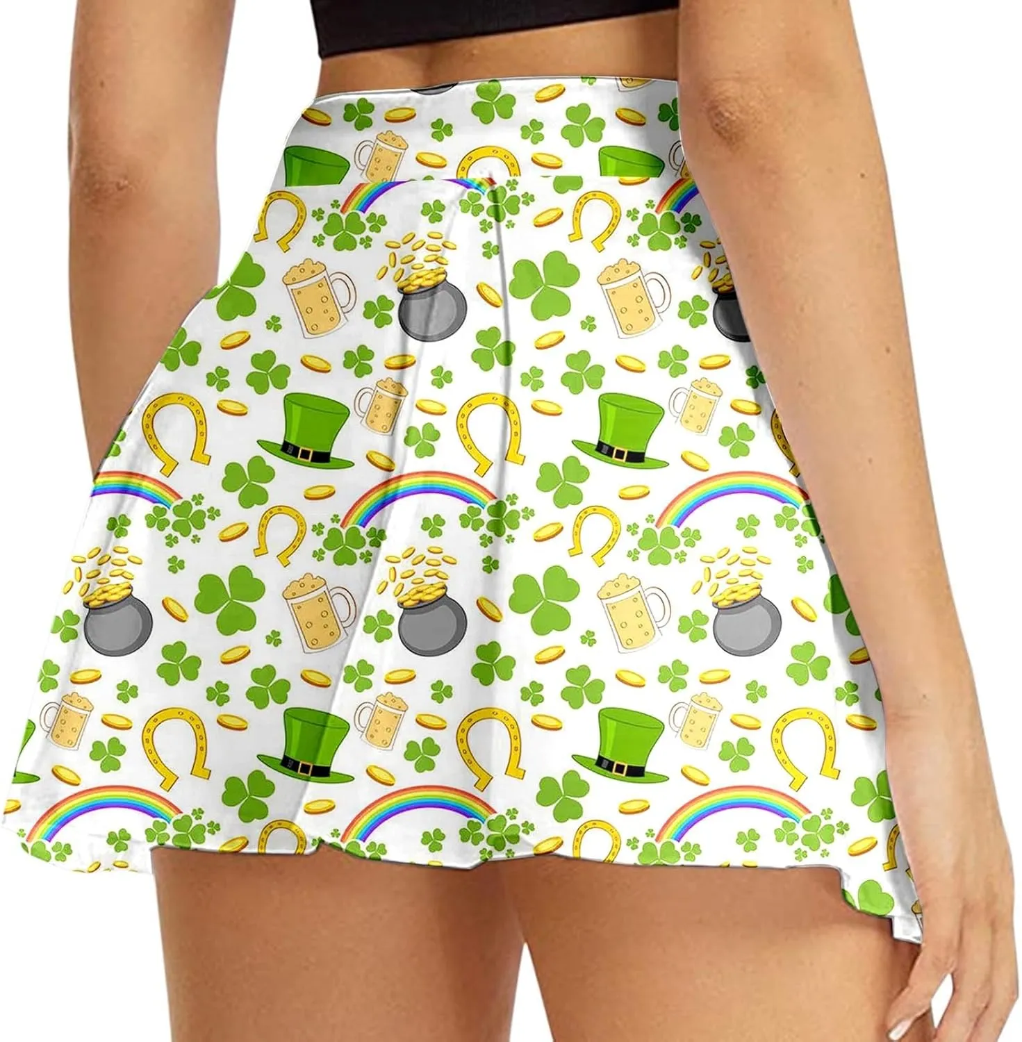 St Patricks Day Tennis Skirt for Women High Waisted Flowy Athletic Running Shorts Irish Shamrock Clover Yoga Skorts