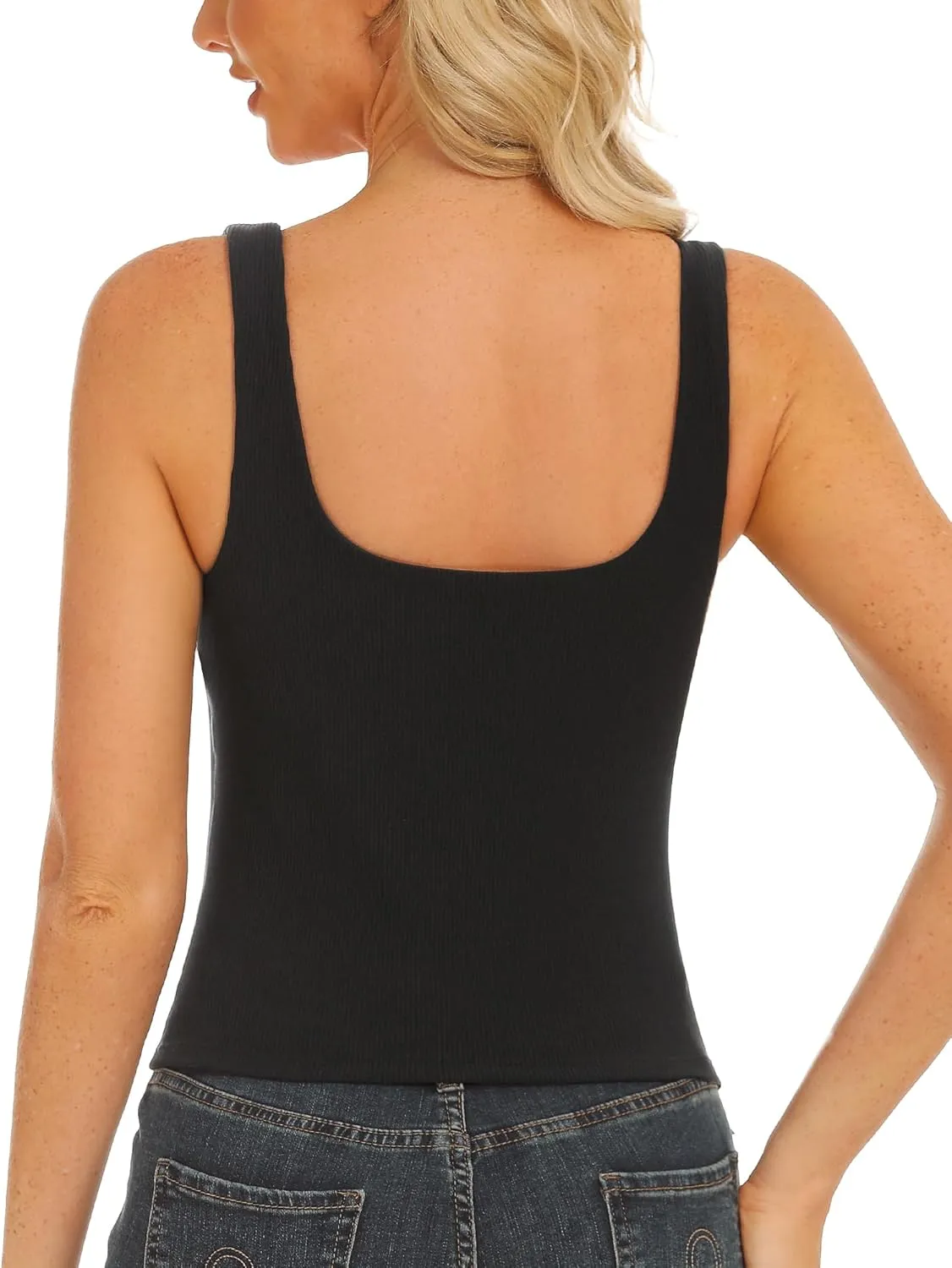Stelle Women's Ribbed Tank Tops Seamless Padded Workout Crop Top Sleeveless Square Neck Cami Basic Shirts