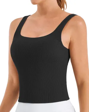Stelle Women's Ribbed Tank Tops Seamless Padded Workout Crop Top Sleeveless Square Neck Cami Basic Shirts