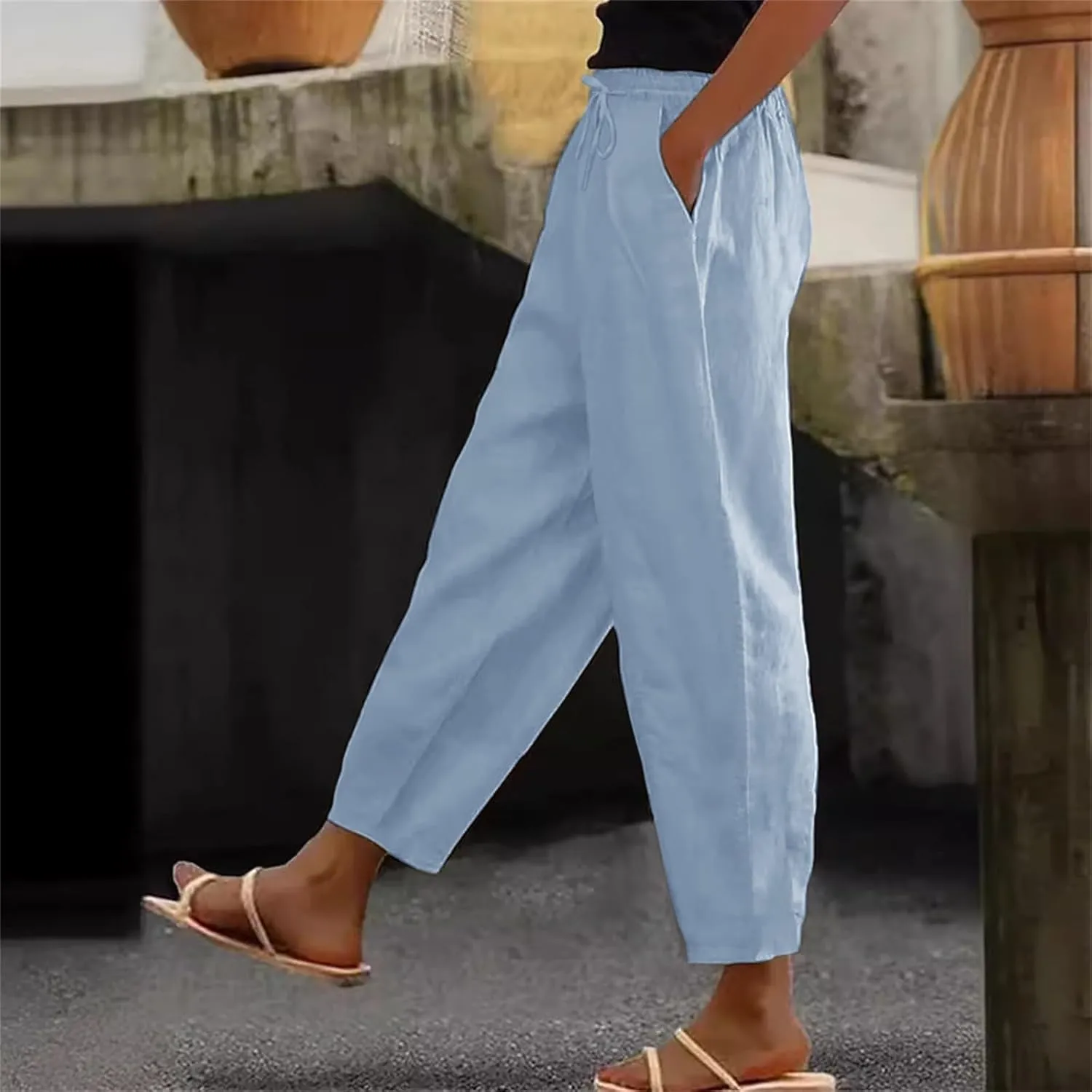 Striped Linen Pants Women Casual Straight Leg High Waist Capris Trousers Baggy Side Buttons Cropped Pant with Pockets