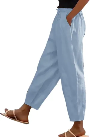 Striped Linen Pants Women Casual Straight Leg High Waist Capris Trousers Baggy Side Buttons Cropped Pant with Pockets
