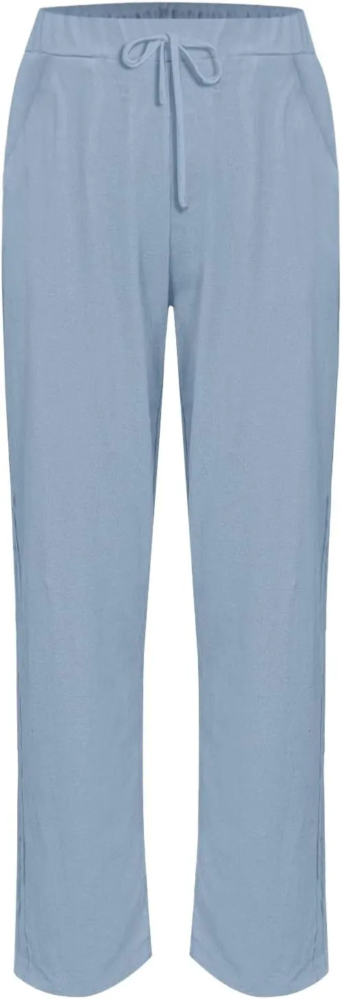 Striped Linen Pants Women Casual Straight Leg High Waist Capris Trousers Baggy Side Buttons Cropped Pant with Pockets