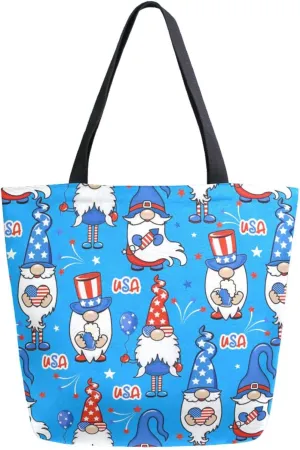 Stylish Extra Large Shoulder Grocery Tote Bag, American Patriotic Dressed Gnomes Canvas Daily Handle Bag for Gym Yoga Weekender Beach Travel Picnic Kitchen Reusable Market Shopping