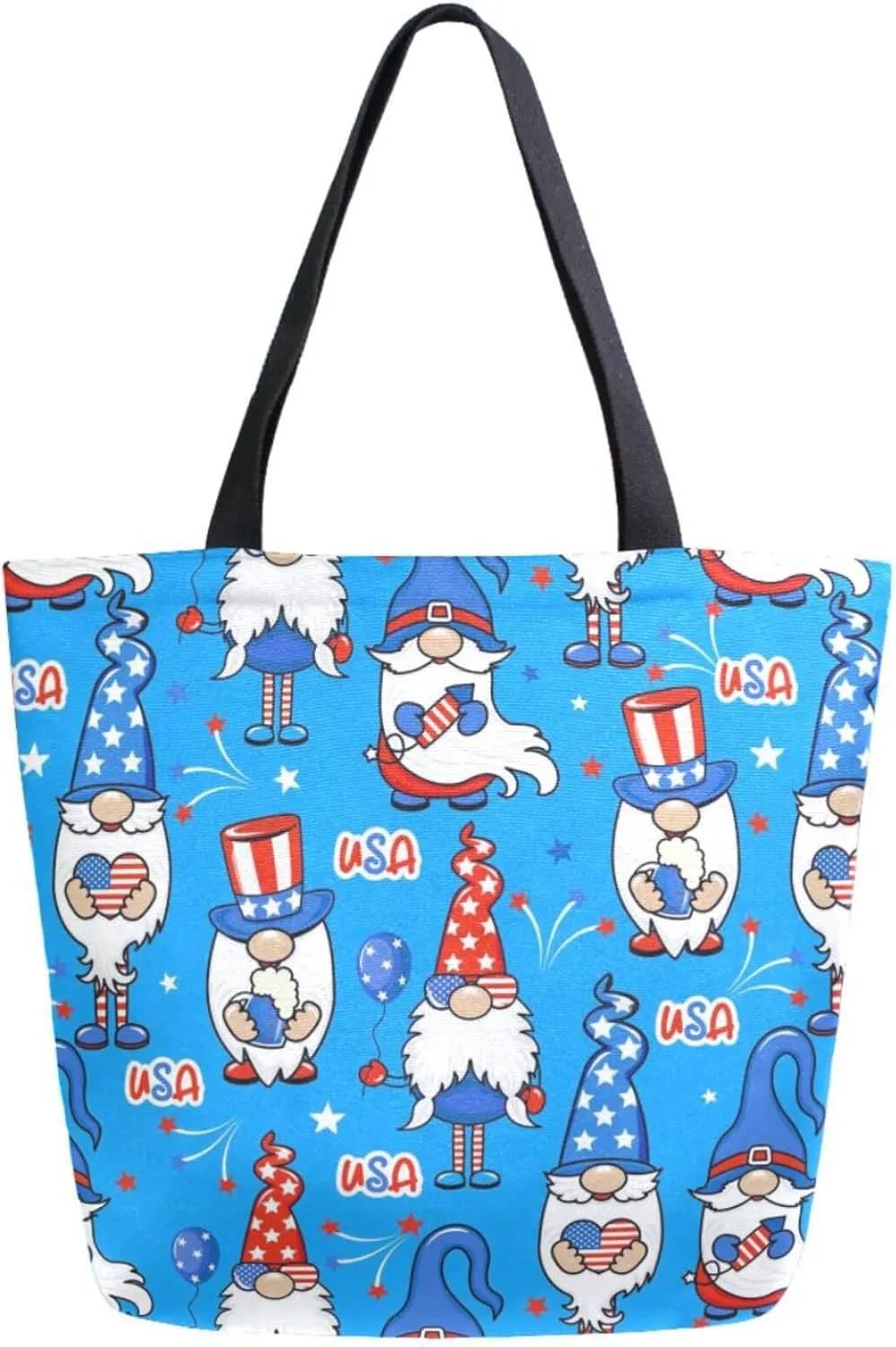 Stylish Extra Large Shoulder Grocery Tote Bag, American Patriotic Dressed Gnomes Canvas Daily Handle Bag for Gym Yoga Weekender Beach Travel Picnic Kitchen Reusable Market Shopping