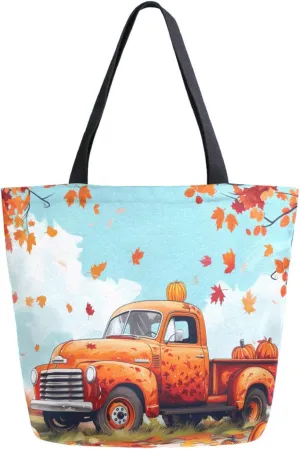 Stylish Extra Large Shoulder Grocery Tote Bag, Art Painting Autumn Pumpkins Truck Canvas Daily Handle Bag for Gym Weekender Beach Travel Kitchen Reusable Market Shopping