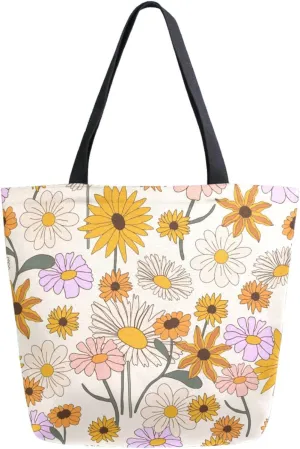 Stylish Extra Large Shoulder Grocery Tote Bag, Autumn Flowers Sunflowers Daisy Canvas Daily Handle Bag for Gym Yoga Weekender Beach Travel Picnic Kitchen Reusable Market Shopping