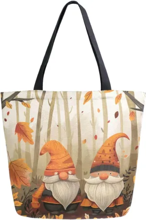 Stylish Extra Large Shoulder Grocery Tote Bag, Autumn Leaves Lovely Couple Gnomes Canvas Daily Handle Bag for Gym Weekender Beach Travel Kitchen Reusable Market Shopping