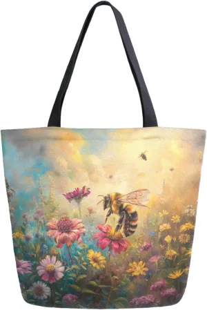 Stylish Extra Large Shoulder Grocery Tote Bag, Beautiful Colors Flowers Bee Canvas Daily Handle Bag for Gym Weekender Beach Travel Kitchen Reusable Market Shopping