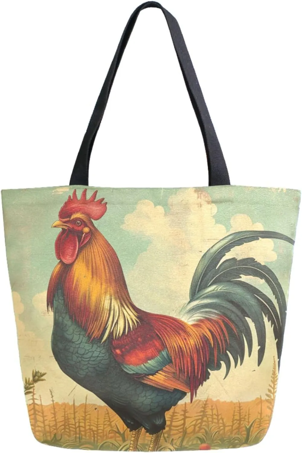 Stylish Extra Large Shoulder Grocery Tote Bag, Farm Retro Beautiful Rooster Canvas Daily Handle Bag for Gym Weekender Beach Travel Kitchen Reusable Market Shopping