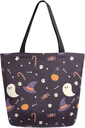 Stylish Extra Large Shoulder Grocery Tote Bag, Halloween Floral Hats Candy Bone Canvas Daily Handle Bag for Gym Yoga Weekender Beach Travel Picnic Kitchen Reusable Market Shopping