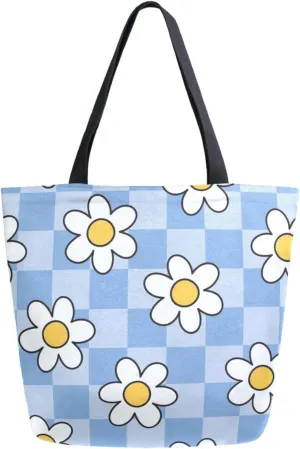 Stylish Extra Large Shoulder Grocery Tote Bag, Lovely Blue Checkered Plaid Flowers Canvas Daily Handle Bag for Gym Yoga Weekender Beach Travel Picnic Kitchen Reusable Market Shopping
