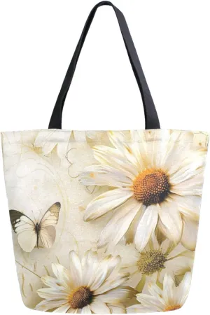 Stylish Extra Large Shoulder Grocery Tote Bag, Retro Art Butterfly Daisy Flowers Canvas Daily Handle Bag for Gym Weekender Beach Travel Kitchen Reusable Market Shopping