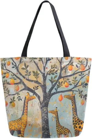 Stylish Extra Large Shoulder Grocery Tote Bag, Retro Giraffe Family under Tree Canvas Daily Handle Bag for Gym Weekender Beach Travel Kitchen Reusable Market Shopping