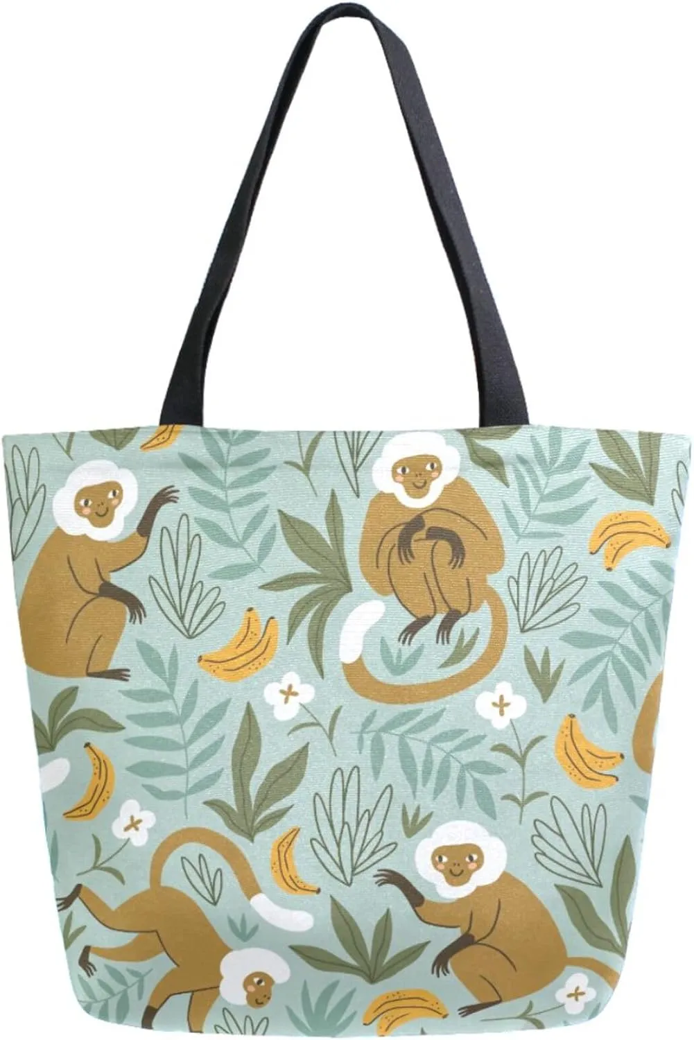 Stylish Extra Large Shoulder Grocery Tote Bag, Tropical Leaves Banana Monkey Canvas Daily Handle Bag for Gym Yoga Weekender Beach Travel Picnic Kitchen Reusable Market Shopping