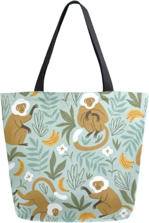 Stylish Extra Large Shoulder Grocery Tote Bag, Tropical Leaves Banana Monkey Canvas Daily Handle Bag for Gym Yoga Weekender Beach Travel Picnic Kitchen Reusable Market Shopping