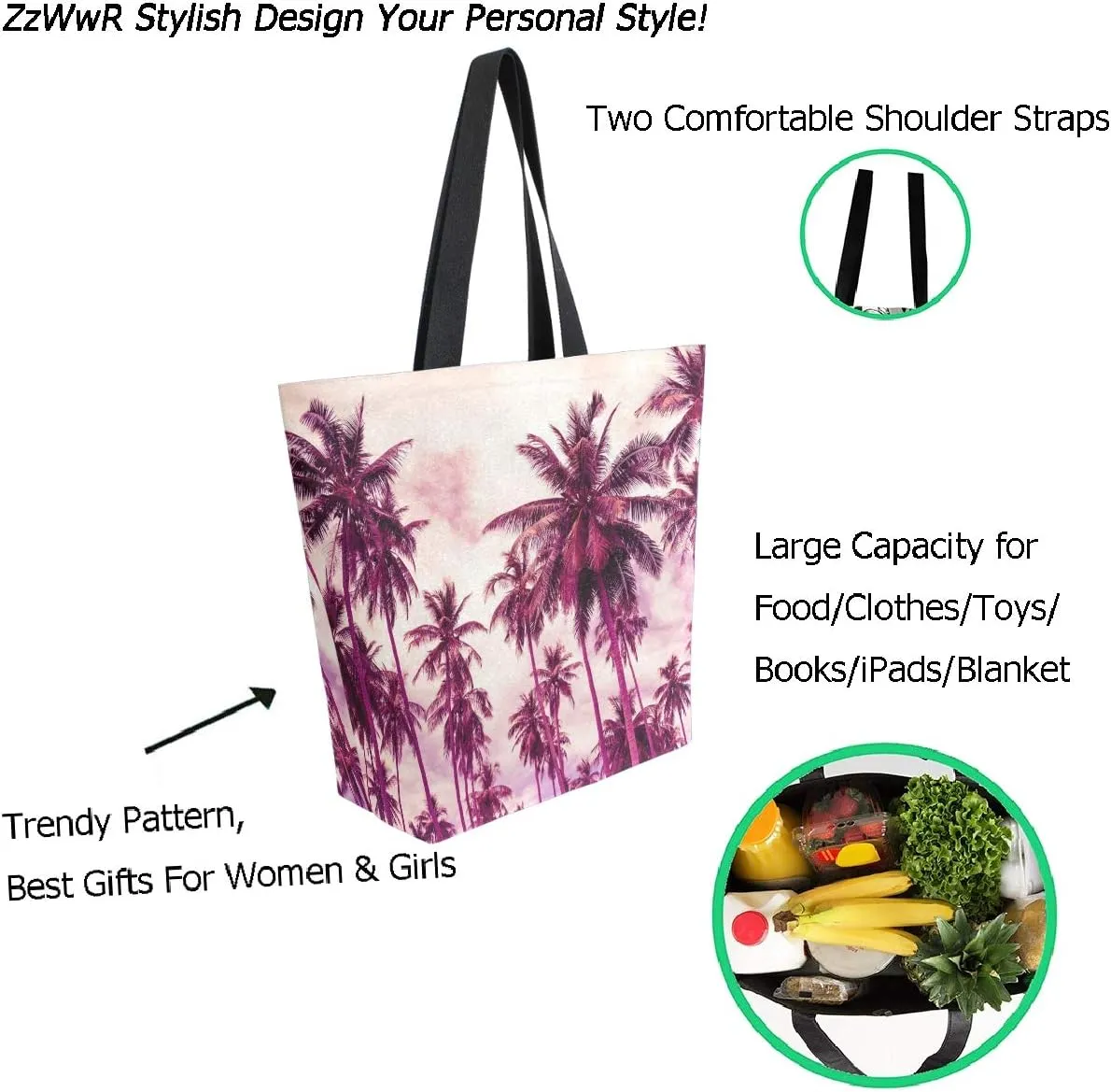 Stylish Tropical Coconut Palm Trees Print Extra Large Canvas Market Beach Travel Reusable Grocery Shopping Tote Bag Portable Storage HandBags