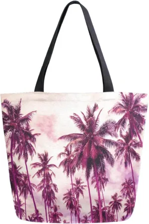 Stylish Tropical Coconut Palm Trees Print Extra Large Canvas Market Beach Travel Reusable Grocery Shopping Tote Bag Portable Storage HandBags