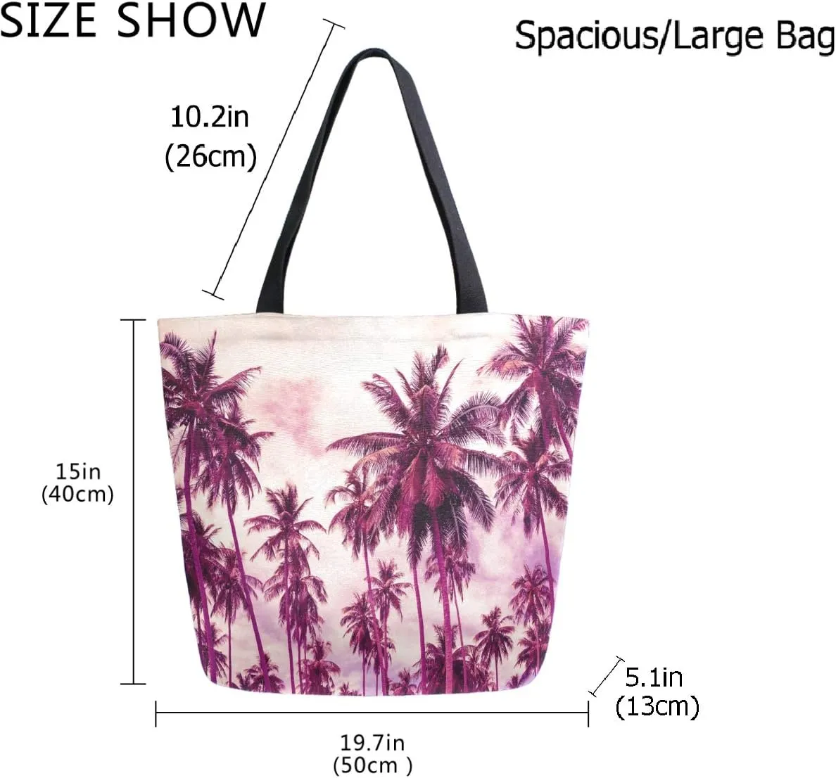 Stylish Tropical Coconut Palm Trees Print Extra Large Canvas Market Beach Travel Reusable Grocery Shopping Tote Bag Portable Storage HandBags
