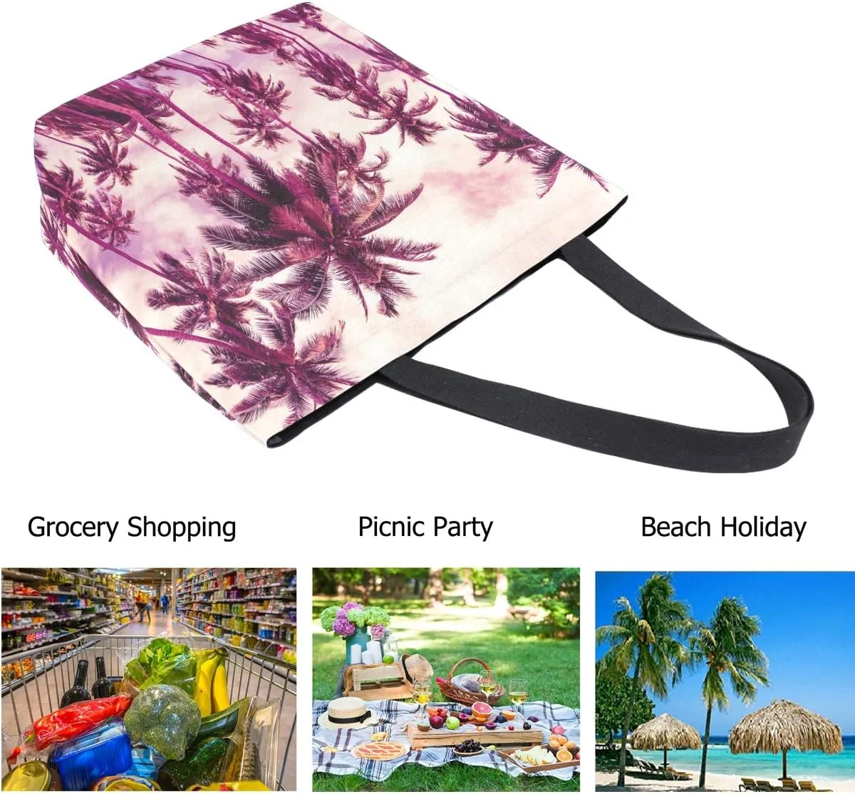 Stylish Tropical Coconut Palm Trees Print Extra Large Canvas Market Beach Travel Reusable Grocery Shopping Tote Bag Portable Storage HandBags